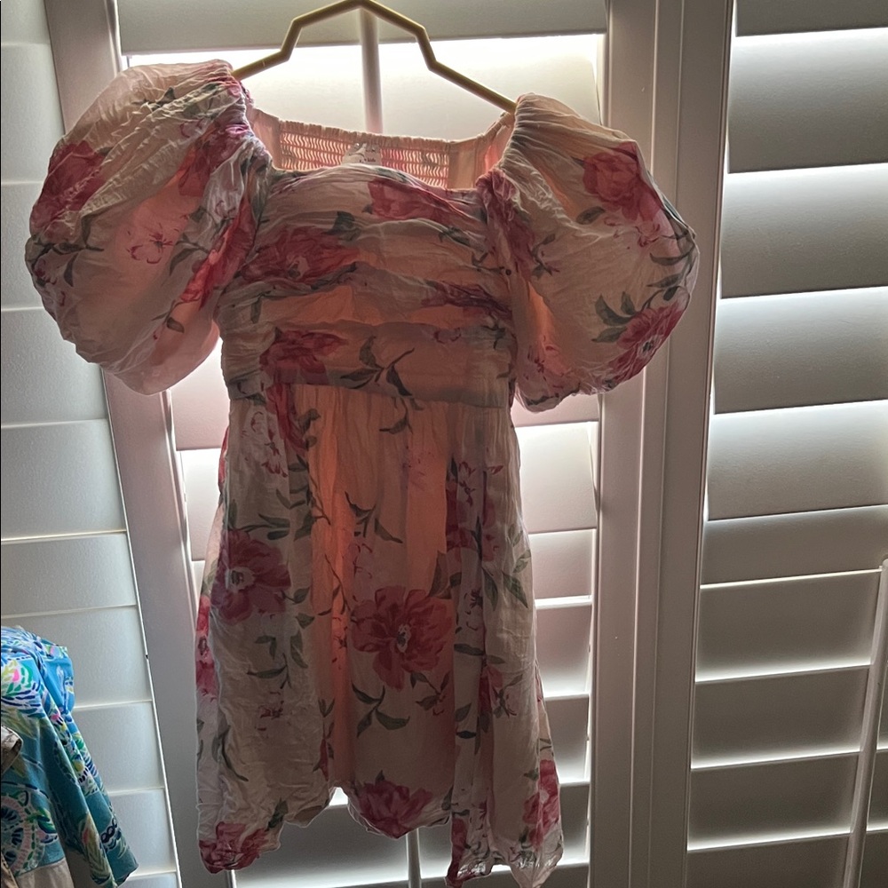 abercrombie kids White Floral Puff-Sleeve Dress with Pink Flowers
